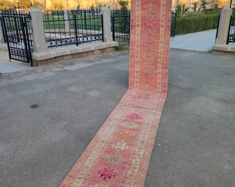 21 Foot Red Pink Vintage Stair Runner Rug 2'4" x 20'8" Handmade Wool Distressed Rug Extra Long Turkish Runner 2x21 Ft Handwoven Oriental Rug