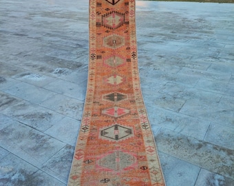 2x10 Distressed Vintage Orange Rug Runner 2' x 9'11", Handmade Orange Gray Bordered Rug, Handwoven Turkish Entryway Rug, 11 Feet Hallway Rug