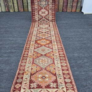 13 Foot Red Vintage Runner Rug 2&#39;11&quot; x 12&#39;11&quot; Hand Knotted Turkish Antique Carpet, Wool Geometric Oriental Runner Oushak Hallway Rug Runner