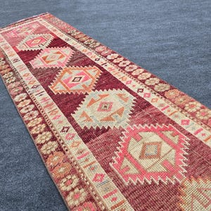 2&#39;6&quot; x 11&#39;11&quot; Vintage Oriental Rug Runner 3x12 Handmade Bordered Vibrant Entryway Rug, 12 Ft Red White Persian Handwoven Hallway Rug