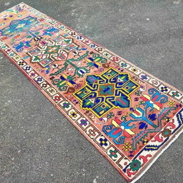 Alfombra vintage colorida hecha a mano de 3' x 11'5", alfombra persa única en su tipo, multicolor, alfombra persa única anudada a mano de 11 pies