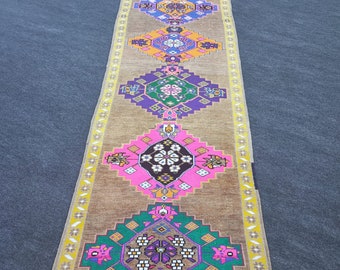 3&#39; x 10&#39;10&quot; Colorful Vintage Rug 3x11, Handmade Multicolor Oriental Rug, Handwoven Turkish Rug 3x11, Brown Purple Hallway & Entryway Rug