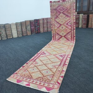 2&#39;8&quot; x 11&#39;8&quot; Neutral Vintage Rug Runner 3x12, Handmade Turkish Rug, Red Brown Oushak Runner, Handwoven Oriental Rug, Hallway Runner Rug
