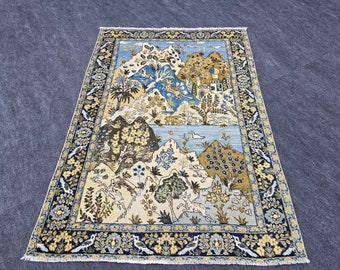 4'4" x 5'11" Landscape Rug 4x6, Blue Brown Handmade Wool Rug, Turkish Vintage Area Rug, Mountain Flower Nature Rug, Unique Oushak Rug 4x6
