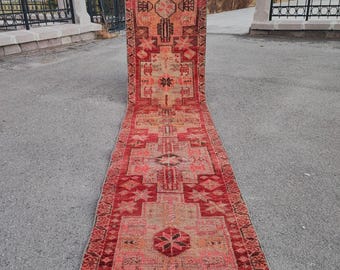 2&#39;3&quot; x 10&#39;9&quot; Pastel Red Pink Vintage Runner 2x11, Handmade Wool Turkish Runner, Handwoven One of a Kind Hallway Rug, Unique Oriental Runner