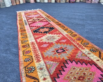 2'9" x 10' Orange Red Vintage Runner 3x10, Vibrant Colorful Antique Rug Runner, Handmade Oriental Entryway Runner, Kitchen Rug, Bedroom Rug
