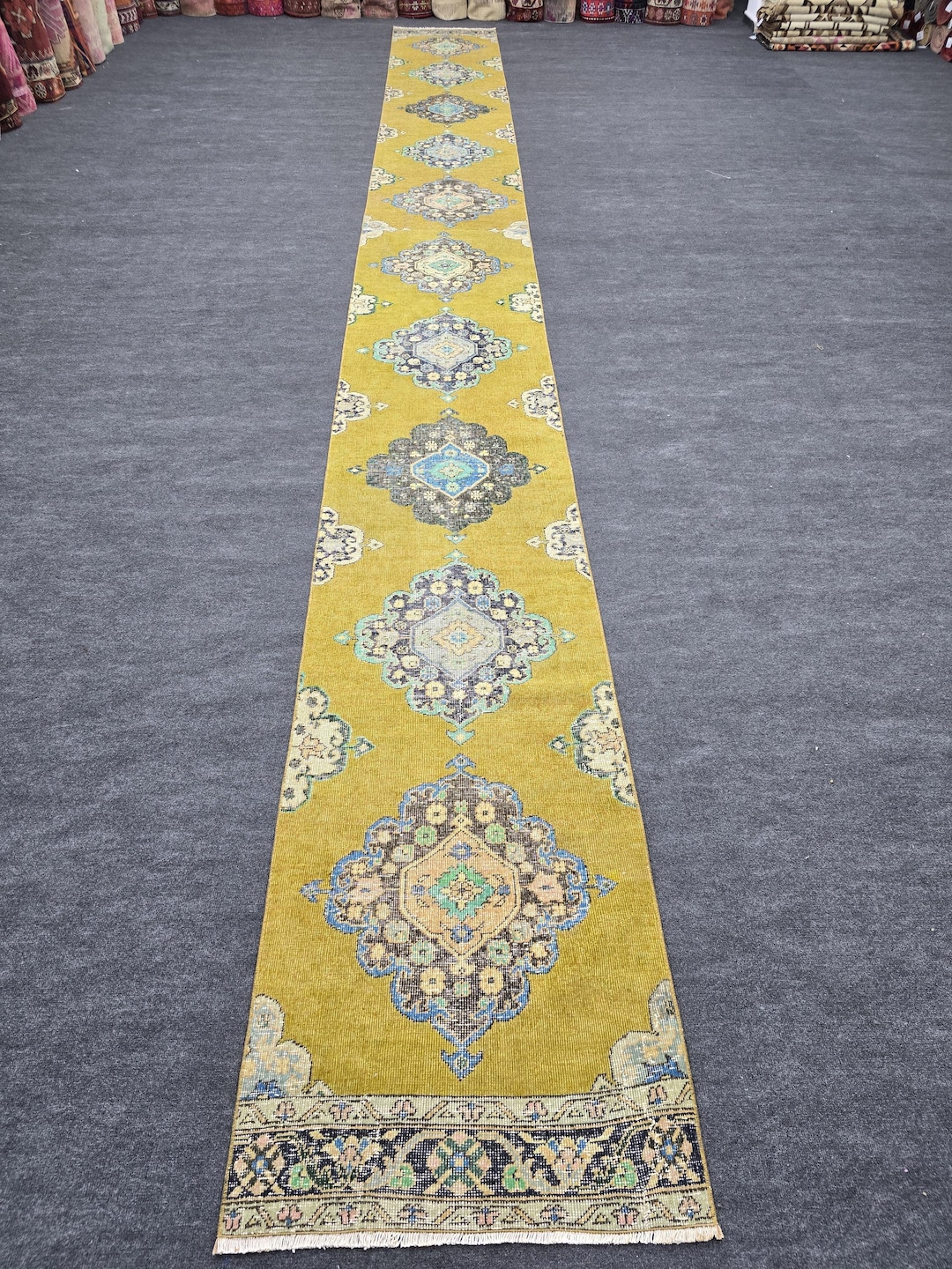 25 Foot One of a Kind Yellow Extra Long Runner Rug 2'8