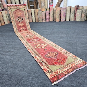 2&#39;4&quot; x 12&#39;3&quot; Vintage Red Long Runner Rug 2x12, Handwoven Oriental Rug, Hallway Runner Rug, Wool Traditional Turkish Runner 12ft Entryway Rug