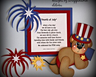 Op de afbeelding: Een rood, wit en blauw papieren handwerk van een beer die een hoge hoed draagt en een vuurwerk vasthoudt. De beer is omringd door rood, wit en blauw vuurwerk. De tekst "Fourth of July" staat op een witte kaart met een rood, wit en blauwe rand. De tekst luidt "what a fun day! we all have to say. The best July 4th ever. From fireworks to picnic lunch, we sure did do a bunch. The memories we'll have forever. Spending time with family and friends, with whom the fun never ends. We celebrated the USA today. Author: Heather Law Lowe"