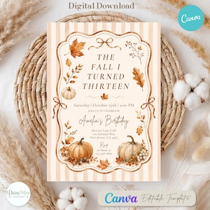 May include: A rectangular birthday invitation card featuring a cream background with vertical stripes and a decorative border. The text reads: THE FALL I TURNED THIRTEEN, Saturday October 27th 2:00 PM, JOIN US TO CELEBRATE Amelia's Birthday, Harvest Lane Café.
