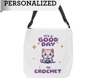 Personalisierte häkeln Projekttasche mit Taschen große Einkaufstasche mit verstellbarem Riemen Katze mit Garn Häkeln Geschenke für Weihnachtsgeschenk unter 50