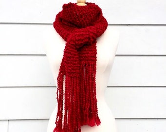 Long Knit Scarf - red knitted scarf with fringe - handmade knit scarf for women - warm winter scarf - neckwarmer - best friend gift