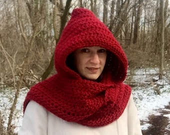 Crochet hooded scarf, red crochet scarf, long scarf with hood, warm winter scarf, crimson scarf with hood, red hooded scarf, crochet scoodie