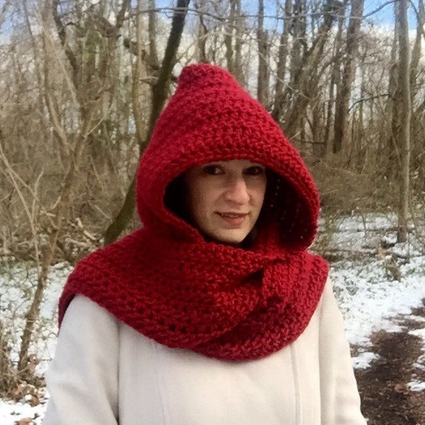 Crochet hooded scarf, red crochet scarf, long scarf with hood, warm winter scarf, crimson scarf with hood, red hooded scarf, crochet scoodie