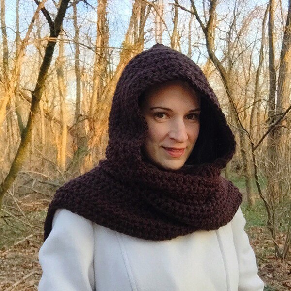 Crochet hooded scarf, brown crochet scarf, brown hooded scarf, chocolate scarf, brown scoodie, crochet scoodie, long scarf with hood