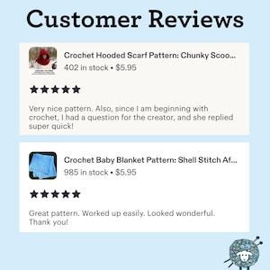 May include: A digital display titled Customer Reviews featuring two product listings with five-star ratings. The first shows a red hooded scarf pattern, the second a light blue baby blanket pattern, each with text reviews below.