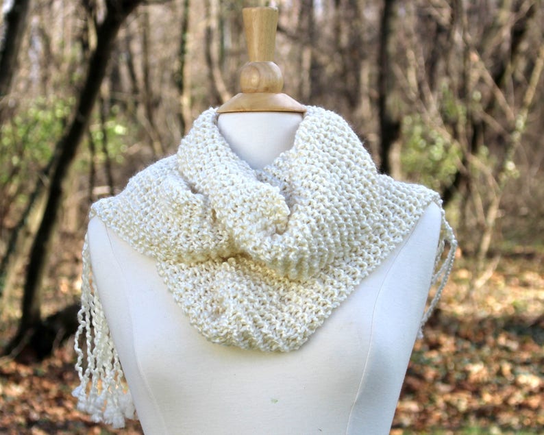 Hand knit scarf, women's scarves, long scarf with fringe, long fringe scarf, cream winter scarf, gift for her, winter accessory image 6