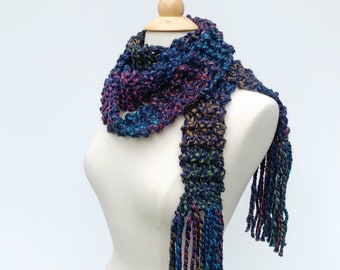 Chunky knit scarf, long skinny scarf, long scarf with fringe, thin fringe scarf, navy blue rainbow scarf, womens winter scarf, gift for her