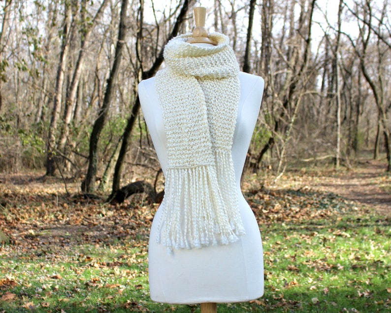 Hand knit scarf, women's scarves, long scarf with fringe, long fringe scarf, cream winter scarf, gift for her, winter accessory image 4