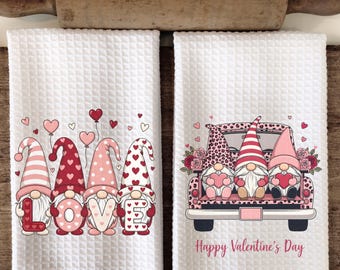 Valentine Gnome Waffle Weave Tea Towel Set – Valentine’s Day Farmhouse Kitchen Decor