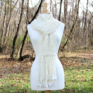 Hand knit scarf, women's scarves, long scarf with fringe, long fringe scarf, cream winter scarf, gift for her, winter accessory image 3