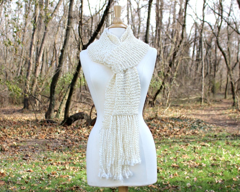 Hand knit scarf, women's scarves, long scarf with fringe, long fringe scarf, cream winter scarf, gift for her, winter accessory image 3