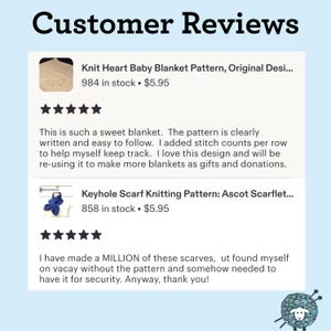 May include: A digital display titled Customer Reviews featuring two product listings with five-star ratings and written feedback. The first entry shows a knit heart baby blanket pattern, and the second entry shows a blue keyhole scarf knitting pattern.