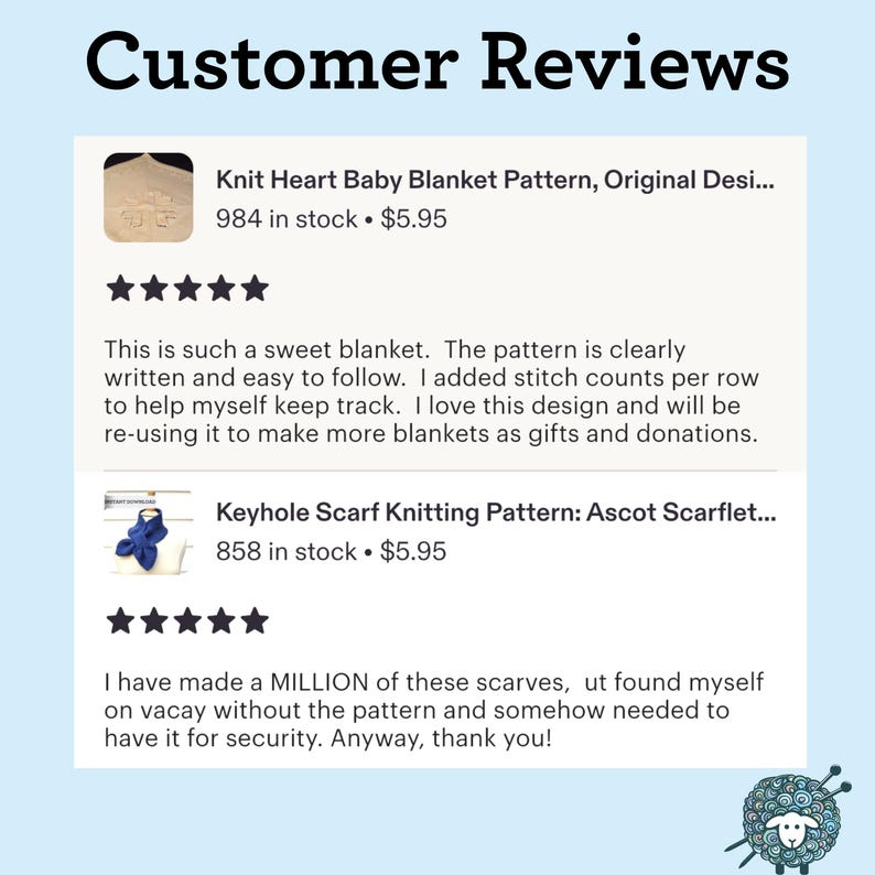 May include: A digital display titled Customer Reviews featuring two product listings with five-star ratings and written feedback. The first entry shows a knit heart baby blanket pattern, and the second entry shows a blue keyhole scarf knitting pattern.