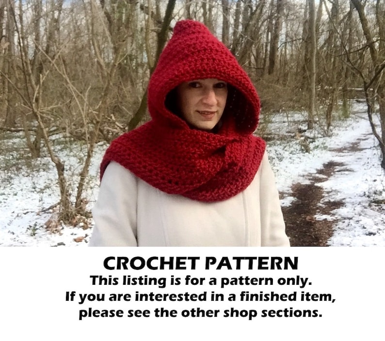 May include: A crochet pattern for a hooded scarf. The scarf is red and the model is wearing it in a snowy forest setting. The text on the image reads: "CROCHET PATTERN This listing is for a pattern only. If you are interested in a finished item, please see the other shop sections."