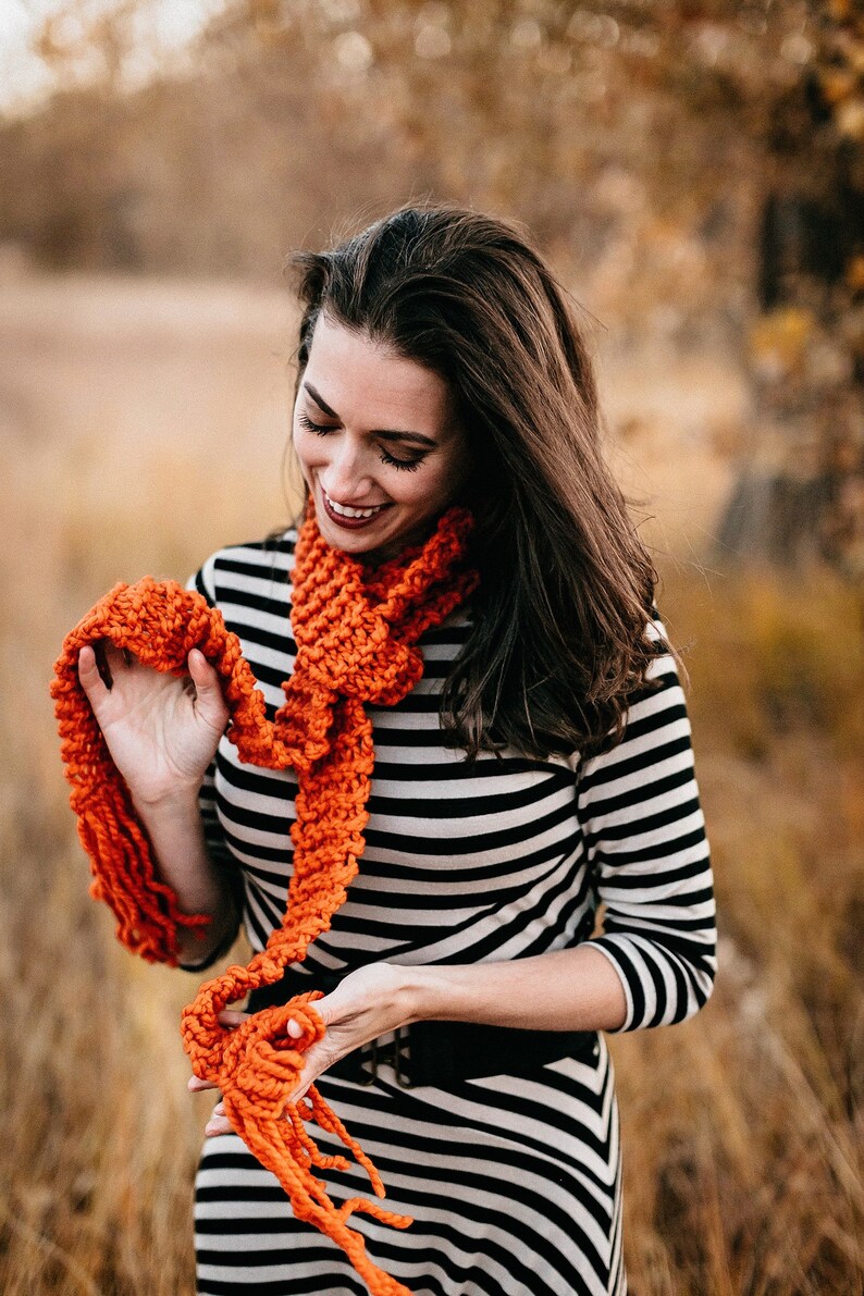 Chunky scarf, pumpkin orange knitted scarf, knit skinny scarf, chunky knit scarf, boho scarf, gift for her, best friend gift girlfriend gift image 5