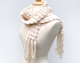 Cream knit skinny scarf, long skinny scarf, long scarf with fringe, chunky knit scarf, womens winter scarf, gift for her, warm wool scarf