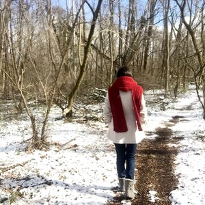 May include: A person wearing a white coat and a red scarf walks on a snowy path in a forest.