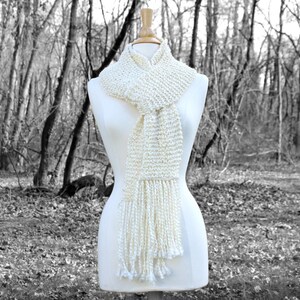 Hand knit scarf, women's scarves, long scarf with fringe, long fringe scarf, cream winter scarf, gift for her, winter accessory image 2