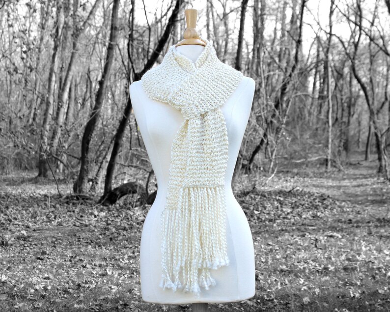 Hand knit scarf, women's scarves, long scarf with fringe, long fringe scarf, cream winter scarf, gift for her, winter accessory image 2