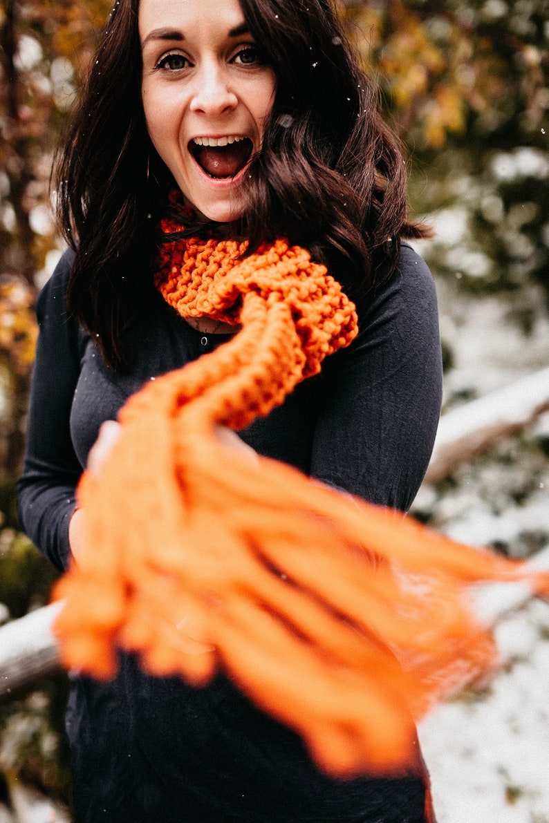 Chunky scarf, pumpkin orange knitted scarf, knit skinny scarf, chunky knit scarf, boho scarf, gift for her, best friend gift girlfriend gift image 3