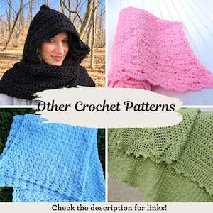 May include: A collage of crochet items including a black hooded cowl, a pink textured blanket, a light blue blanket, and a sage green blanket. The image features the text Other Crochet Patterns and Check the description for links.