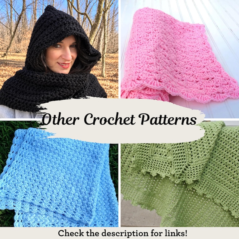 May include: A collage of crochet items including a black hooded cowl, a pink textured blanket, a light blue blanket, and a sage green blanket. The image features the text Other Crochet Patterns and Check the description for links.