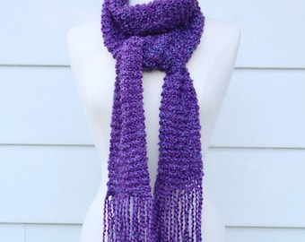 Purple knit scarf, royal purple scarf, ultra violet scarf, warm winter scarf, scarf with fringe, long scarf, winter accessory