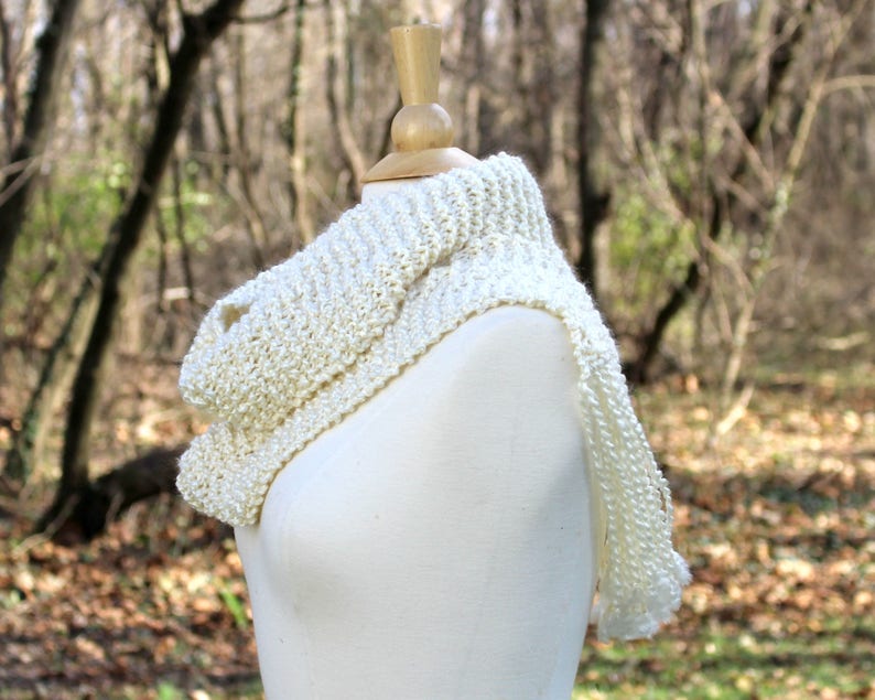 Hand knit scarf, women's scarves, long scarf with fringe, long fringe scarf, cream winter scarf, gift for her, winter accessory image 7