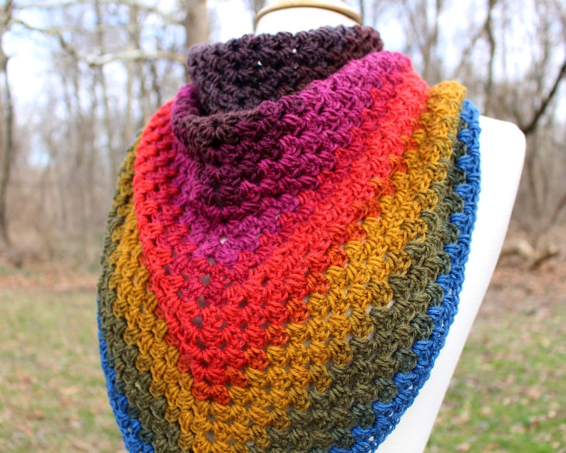 Rainbow Triangle Scarf Crocheted Gift for Her Knitted Gift for Mom Vegan friendly shawl Boho triangle shawl Chunky oversized scarf image 4