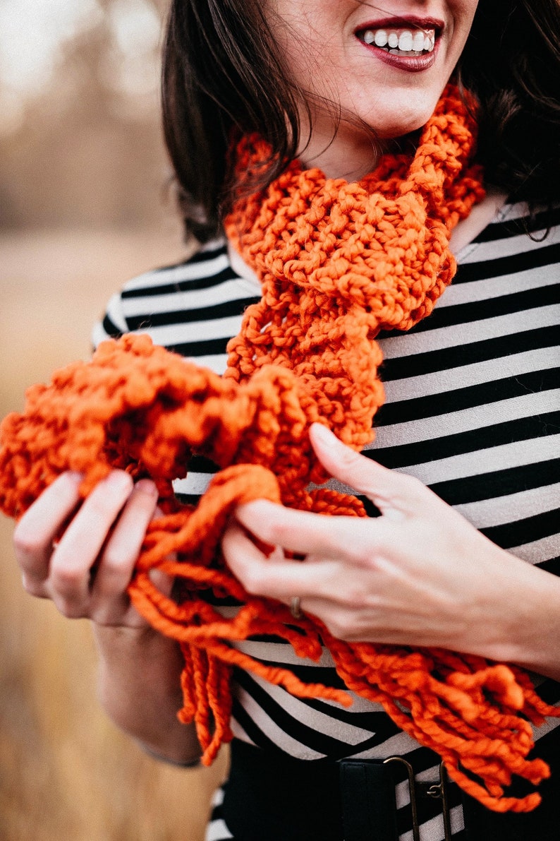 Chunky scarf, pumpkin orange knitted scarf, knit skinny scarf, chunky knit scarf, boho scarf, gift for her, best friend gift girlfriend gift image 2