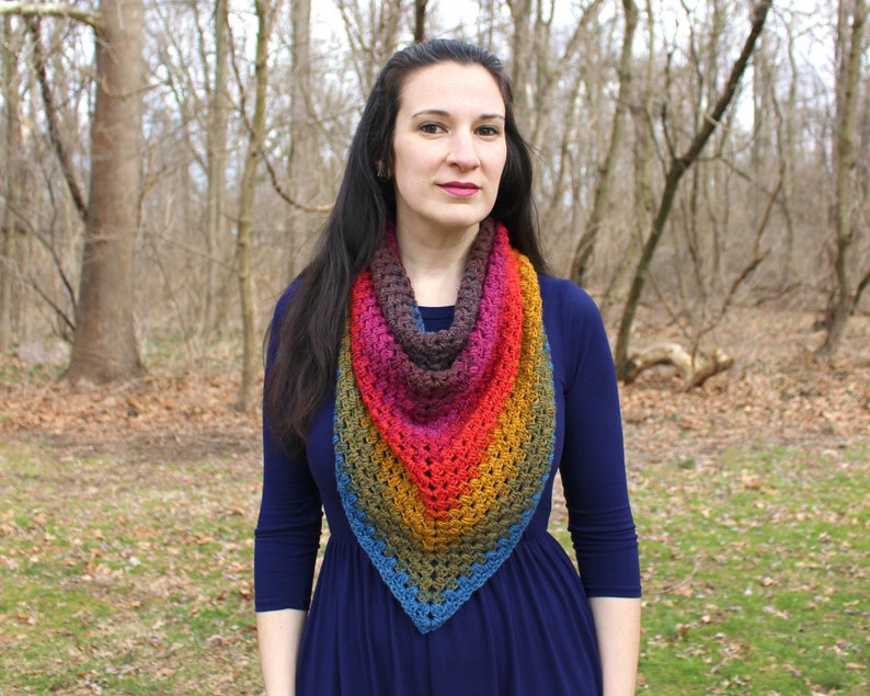 Rainbow Triangle Scarf Crocheted Gift for Her Knitted Gift for Mom Vegan friendly shawl Boho triangle shawl Chunky oversized scarf image 2