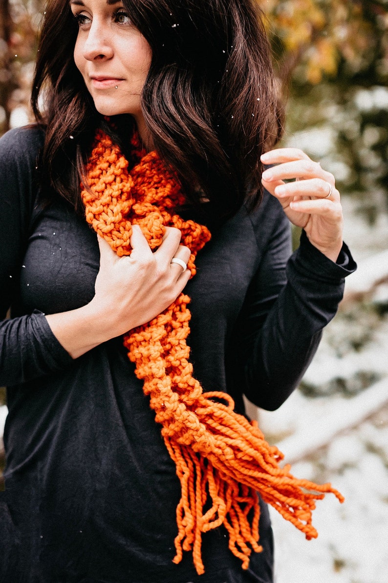 Chunky scarf, pumpkin orange knitted scarf, knit skinny scarf, chunky knit scarf, boho scarf, gift for her, best friend gift girlfriend gift image 4