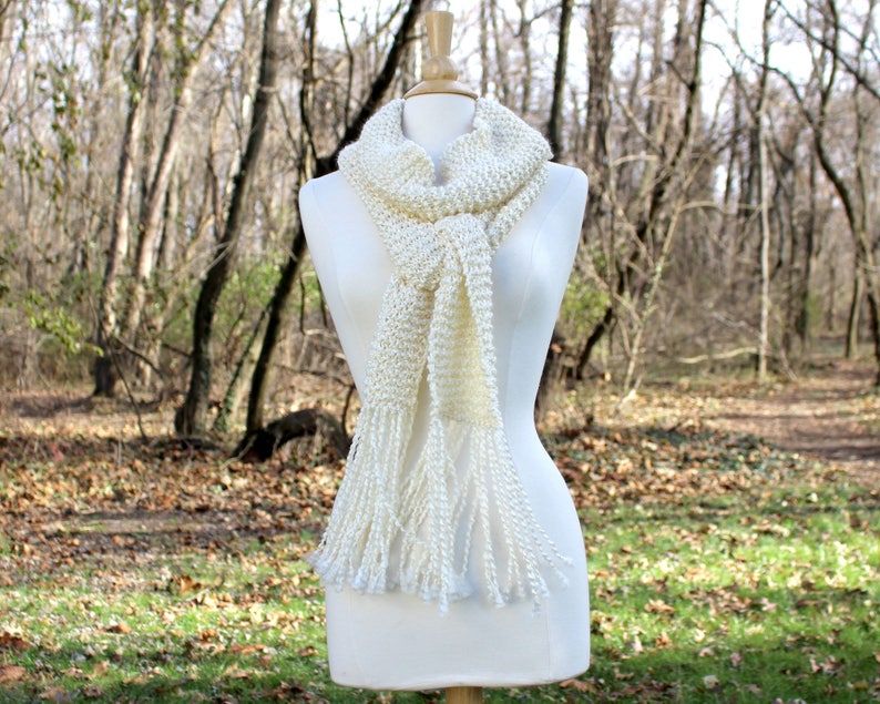 Hand knit scarf, women's scarves, long scarf with fringe, long fringe scarf, cream winter scarf, gift for her, winter accessory image 5