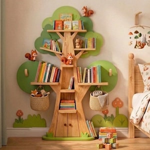 Tree Bookshelf for Kids – Handmade Wooden Tree Book Rack – Montessori Nursery Bookcase