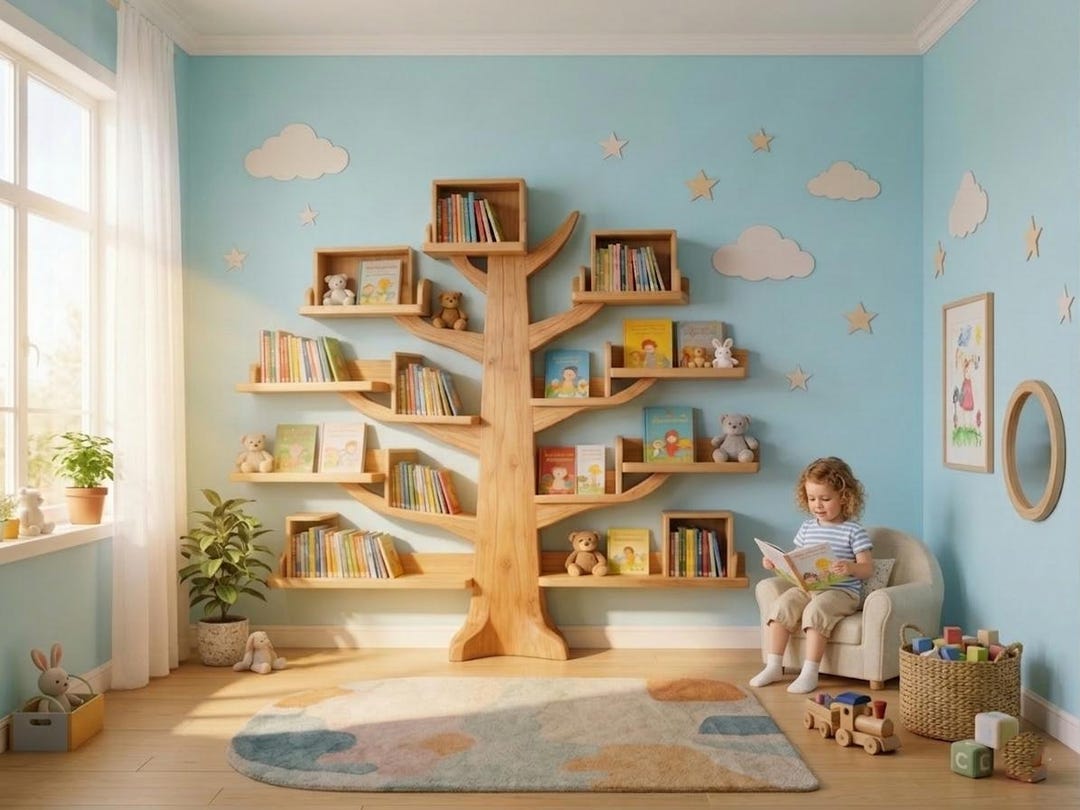 Wooden Tree Bookshelf for Kids Room | Montessori Front-facing Nursery ...