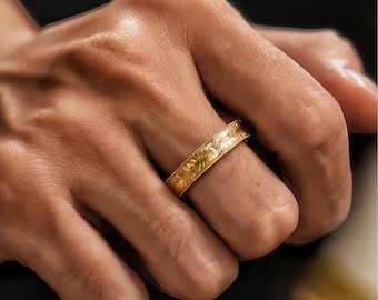 Hand Engraved 14K Gold Signet Ring: Natural Diamond Accents