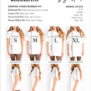 The image is a size guide for a dress shirt, featuring six different sizes for a relaxed fit, loose fit, oversized fit, and dress shirt fit. The guide provides measurements and descriptions for each size, allowing the viewer to choose their preferred fit based on their size and style preferences.
