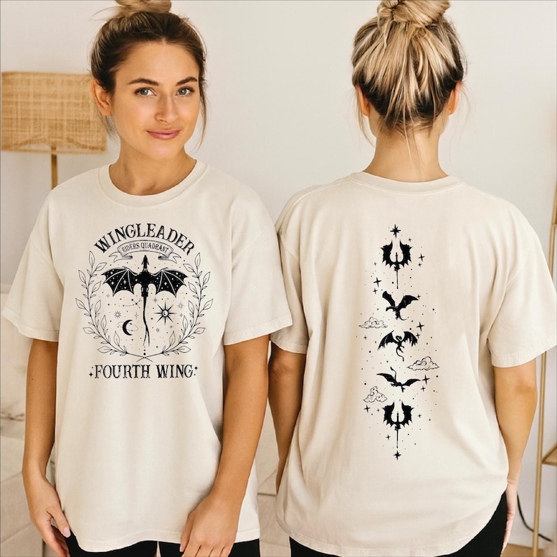 A woman wearing a white t-shirt with a graphic design on the front and a back featuring a similar design.