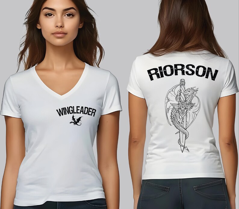 A woman wearing a white t-shirt with the text "WINGLEADER" printed on it, along with a graphic design of a sword and a dragon.
